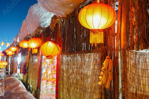 Chinese rural houses are hung with lanterns, Chinese rural New Year