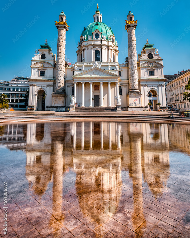 Vertical shot of the Karlskirche church in Vienna, Austria