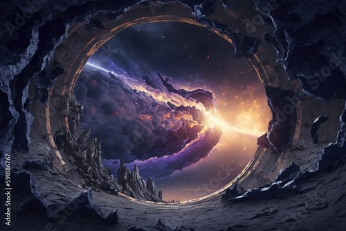 circular hole in the ground with a surreal view of the planet Earth. Generative AI