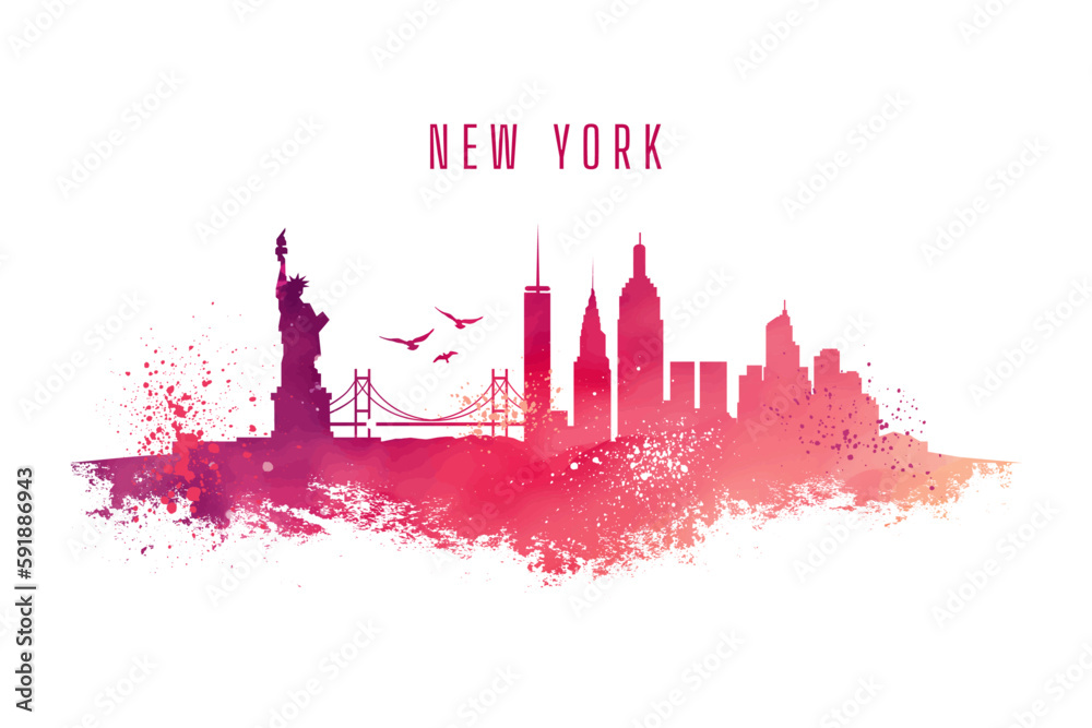 Water color picture of New York Skyline. Graphic Landscape of NYC in paint splashes and grunge textures. Bright vivid image of big apple. USA