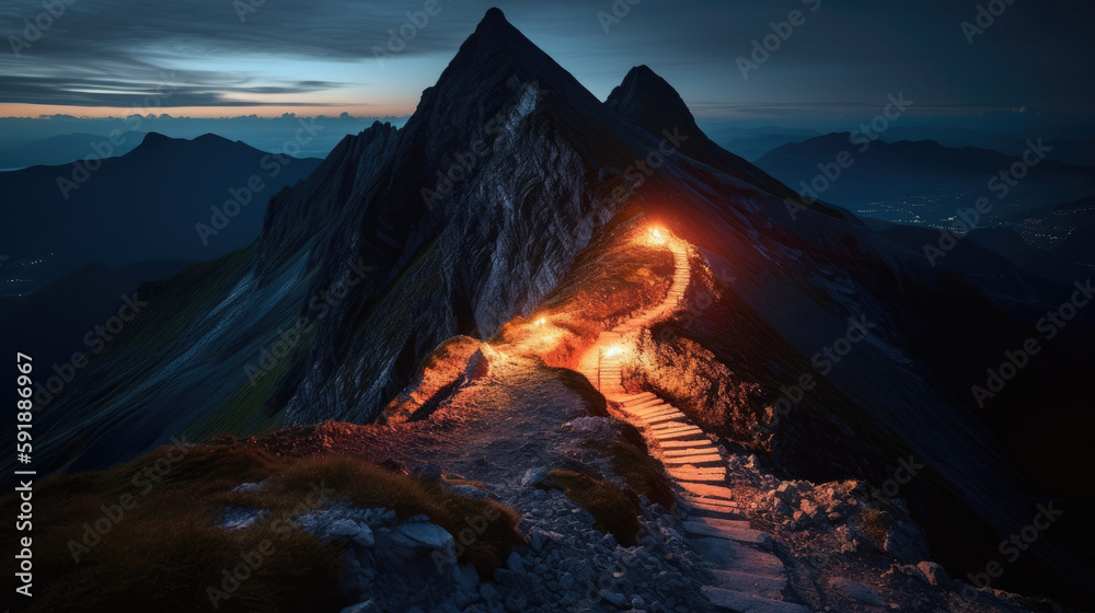 Mountain with glowing welcome path to the top. Generative AI