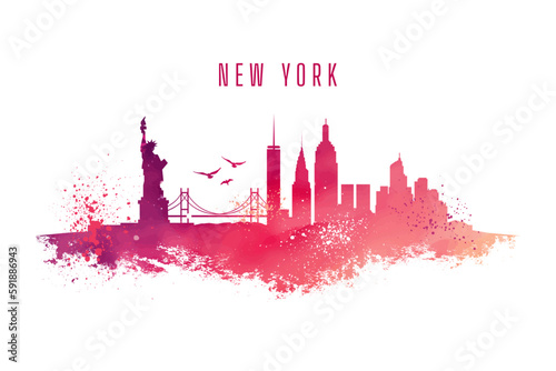 Obraz na płótnie Water color picture of New York Skyline. Graphic Landscape of NYC in paint splashes and grunge textures. Bright vivid image of big apple. USA w salonie