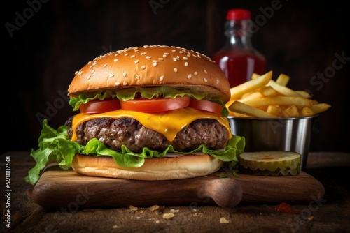 Mouth-Watering Cheeseburger with Tomatoes, Lettuce, French Fries on Side, Generative AI