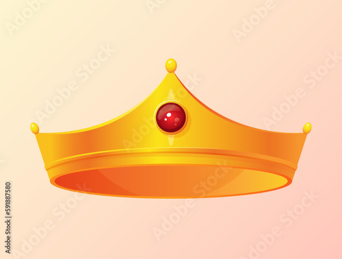Golden 3d tiara crown with red ruby diamond. Isolated vector illustration.