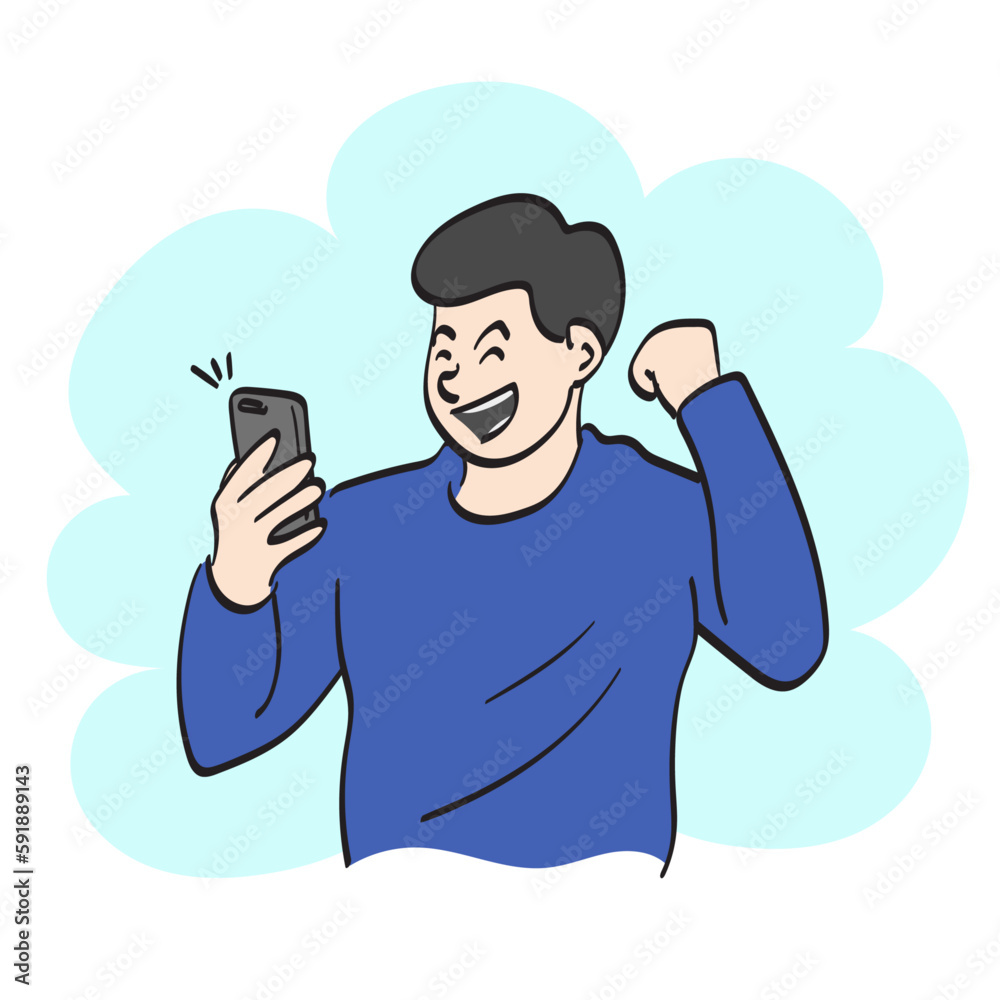 line art man wear blue pullover holding smartphone rising fist with happiness illustration vector hand drawn isolated on white background