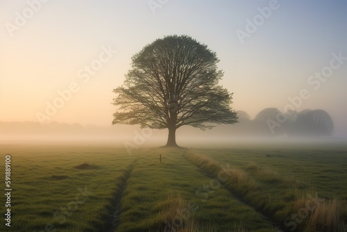 a lonely tree  open fields and woodlands   misty morning in the morning