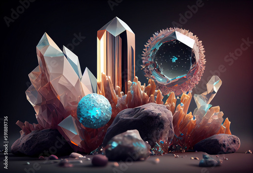 An abstract, surrealist Crystals and geodes background. Generative AI technology. 