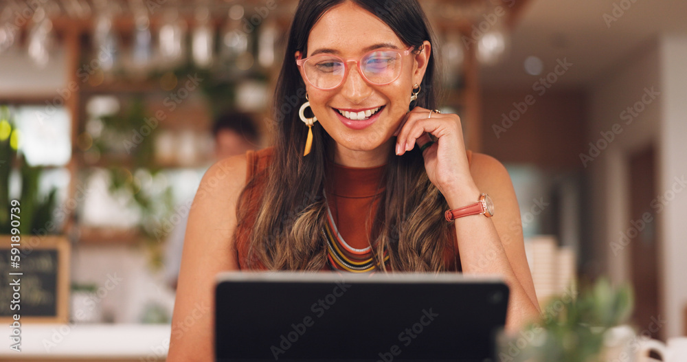 Business woman, laughing or tablet in coffee shop, restaurant or cafe on video call, virtual meeting or webinar. Smile, happy or freelance entrepreneur on technology in funny presentation or planning Business woman, laughing or tablet in coffee shop, restaurant or cafe on video call, virtual meeting or webinar. Smile, happy or freelance entrepreneur on technology in funny presentation or planning