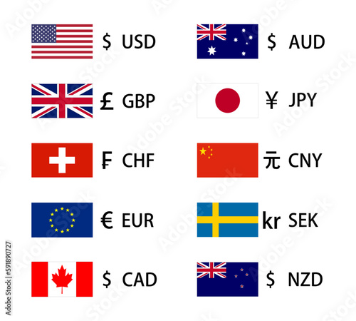 World currency symbols icon set with national flags. Vector illustration.