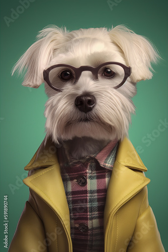 portrait of  a funny dog as a fashion stylist on colored background, concept of Fashionable Pet and Colorful Design, created with Generative AI technology.