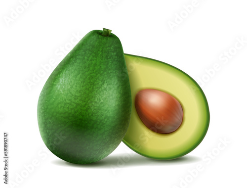 3d realistic vector icon set. Whole green avocado and sliced in half. Isolated on white background.