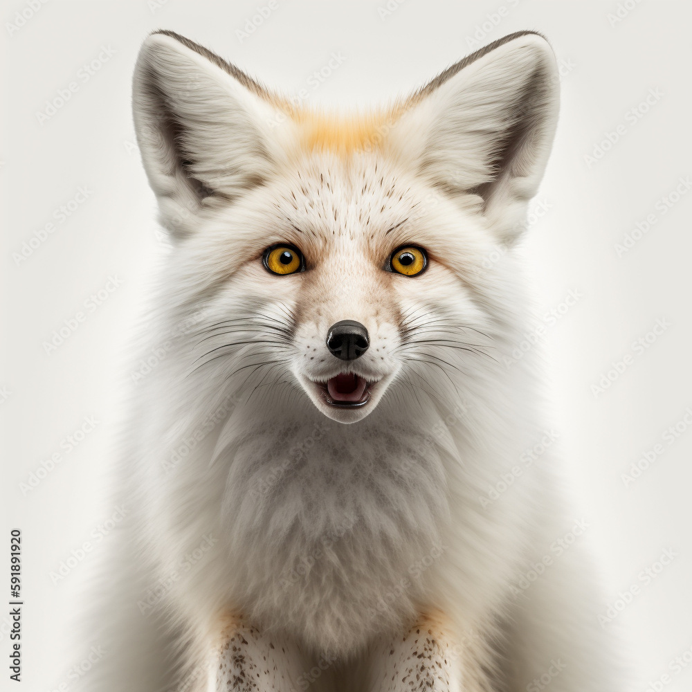 Obraz premium 笑顔の白狐（正面・白背景）｜White fox, Front View, White background, Generative AI