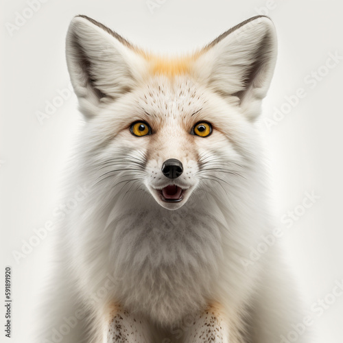 笑顔の白狐（正面・白背景）｜White fox, Front View, White background, Generative AI