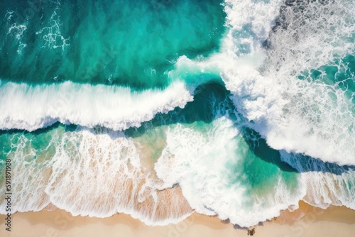 erial view of a beautiful sandy beach and turquoise ocean waters. Generative AI