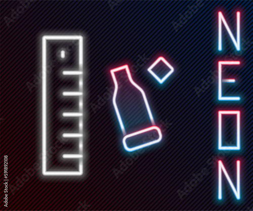 Glowing neon line Bullet casing as a piece of evidence placed with forensic ruler for documentation icon isolated on black background. Concept of crime scene. Colorful outline concept. Vector