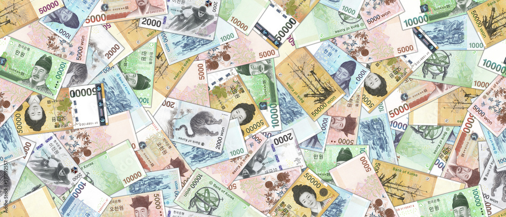Financial Korean wide illustration. Seamless pattern. Randomly scattered paper banknotes of South Korea, denomination of 1000, 2000, 5000, 10000, 50000 won. Wallpaper or background.