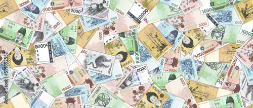 Financial Korean wide illustration. Seamless pattern. Randomly scattered paper banknotes of South Korea  denomination of 1000  2000  5000  10000  50000 won. Wallpaper or background.