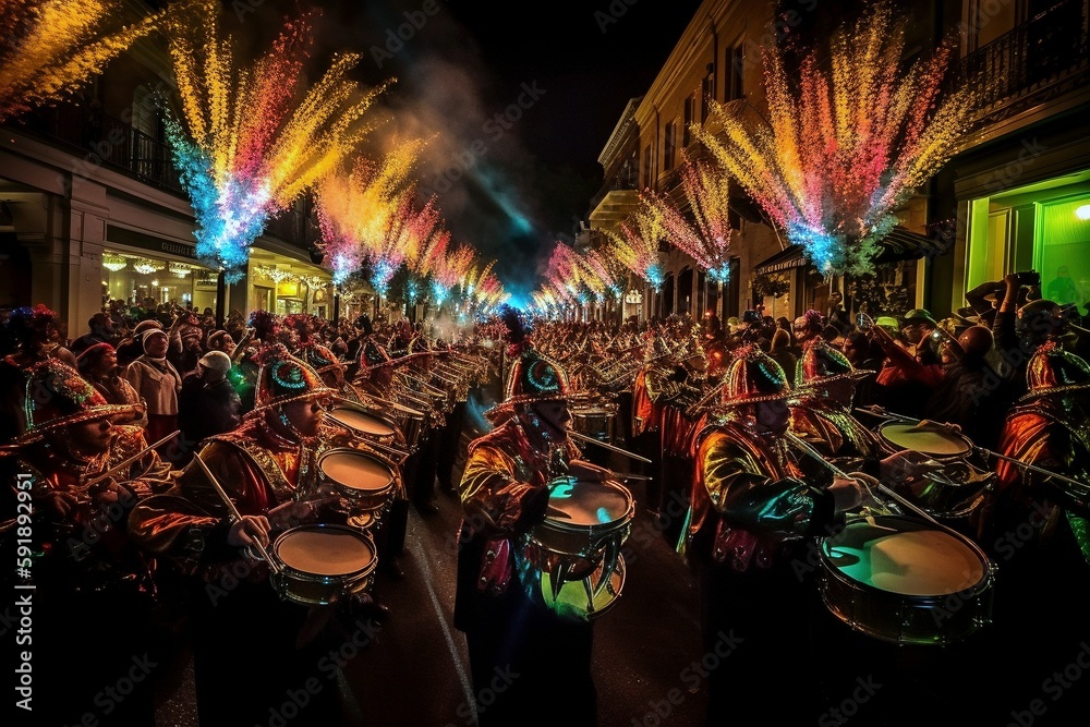 Marching Band Parade with Fireworks in Night Sky, Wide-Angle View, Generated by AI