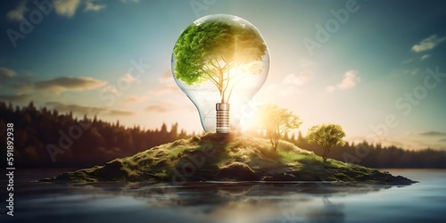 Greening energy Illuminating a Sustainable Future with Tree-Embedded Light Bulb, Generative AI  photo