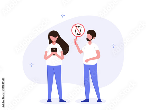 Do not use phone. Man with sign in his hand versus smartphones. Protest against modern technology. Zone with Restrictions. Modern flat vector illustration.