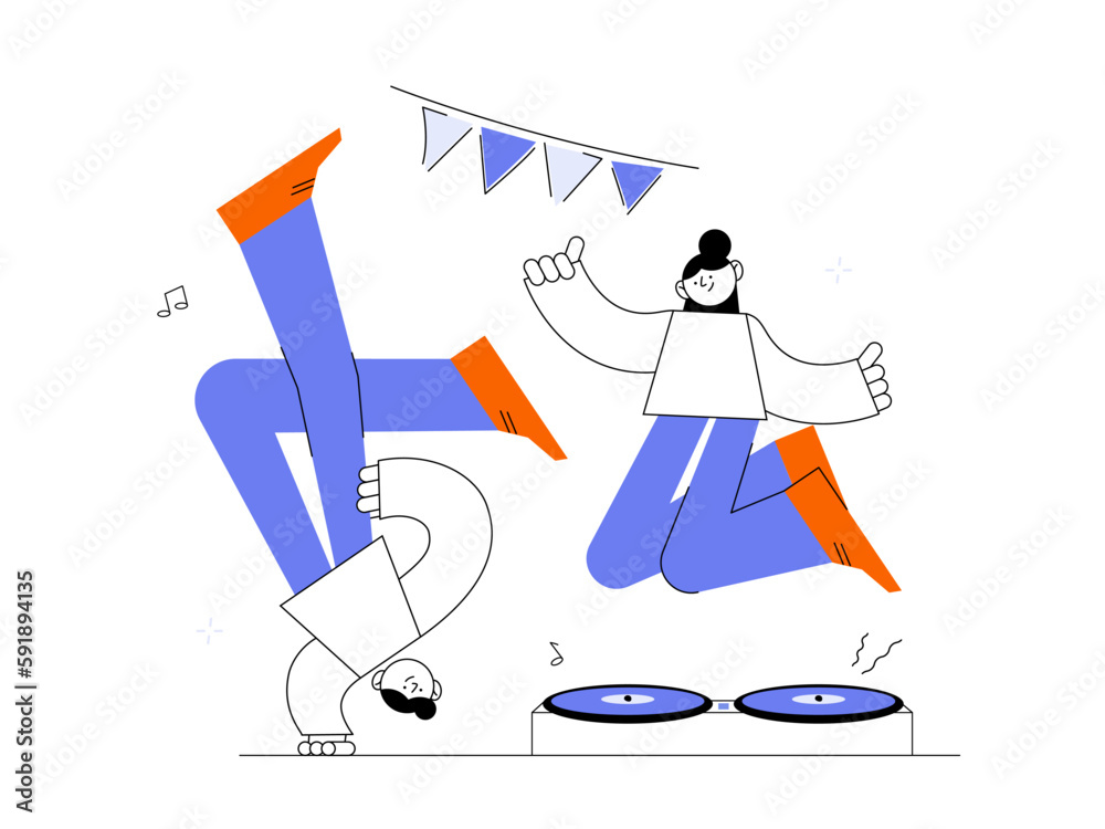 Happy danced people. Excited student characters, happy teenagers and joyful people jumped together, happy jumping. Modern outline vector illustration.