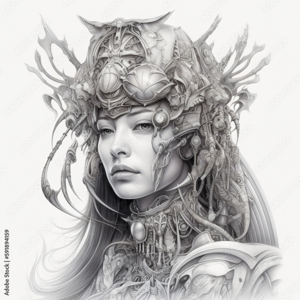 Fototapeta premium magic female fantasy portrait, line art pencil drawing character, fictional person created with generative ai