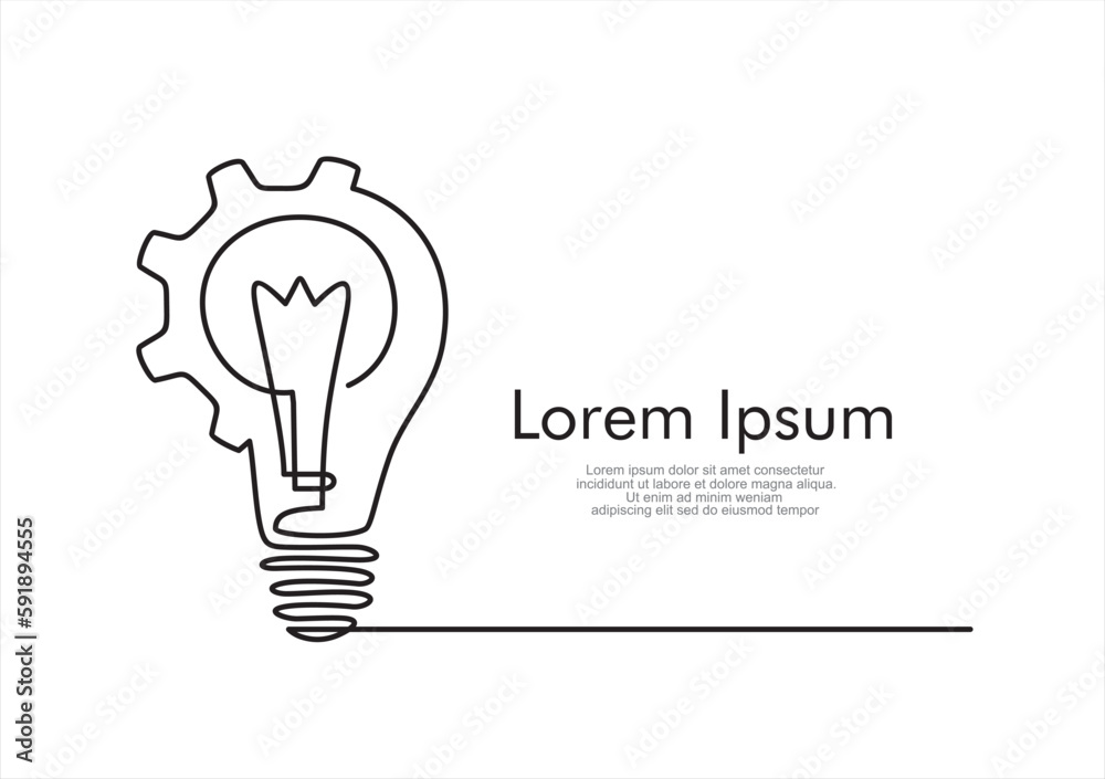 Continuous line drawing of Lightbulb with cogwheel on white isolated background. Idea business concept.