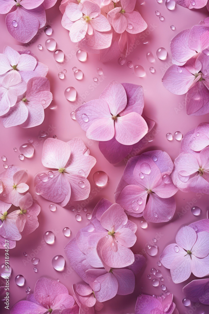 Background with lilac hydrangea flowers and water drops on the petals and in the air. Close-up. Generative AI Background with lilac hydrangea flowers and water drops on the petals and in the air. Close-up. Generative AI