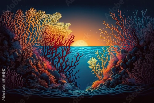 serene ocean sunset painting. Generative AI