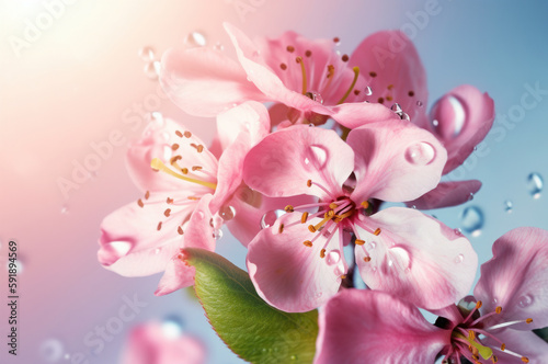 Cherry blossom, apple tree and water drops on the petals and in the air. Close-up. Generative AI