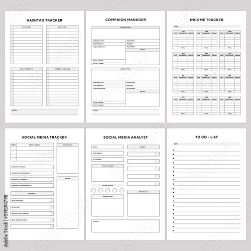 Minimalist planner pages templates. Printable Life & Business Planner Set. hashtag tracker, compaign manager, income tracker, social media tracker, Social Media Analyst, to do - list,