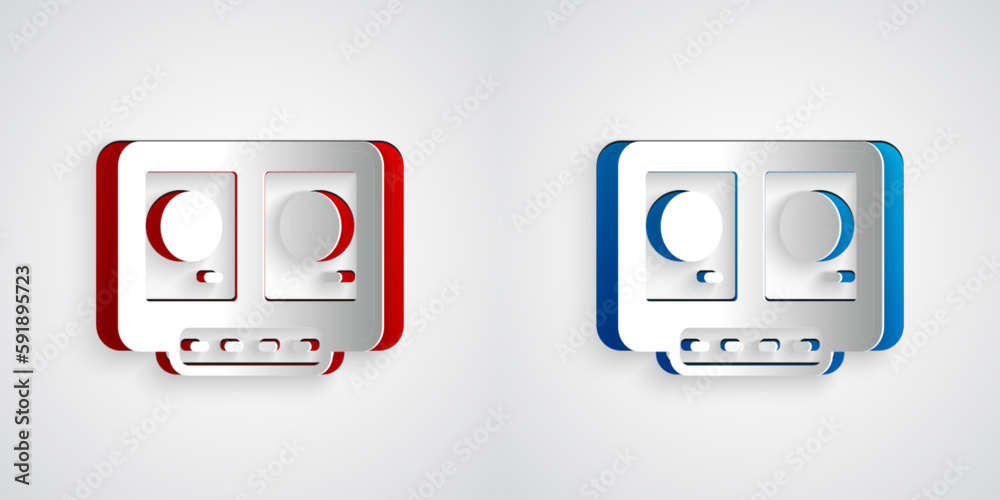 Paper cut DJ remote for playing and mixing music icon isolated on grey background. DJ mixer complete with vinyl player and remote control. Paper art style. Vector