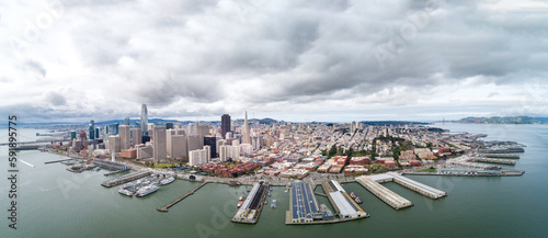 Embarcadero in San Francisco. Pier and Eastern Waterfront and Roadway of the Port of San Francisco, San Francisco, California. USA. Drone