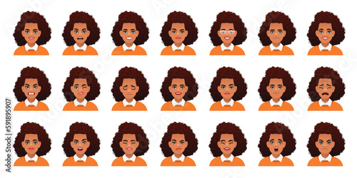 Set of different emotions of a cute black woman with black curly hair. Facial expression of a beautiful stylish young african girl. Smile, happiness, anger, surprise, fear, sadness, etc.
