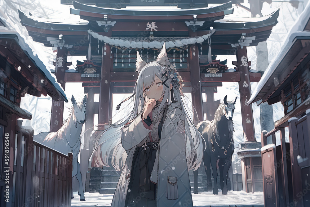 Naklejka premium Anime girl in traditional kimono stand in front of the Torii in winter , illustration generative AI