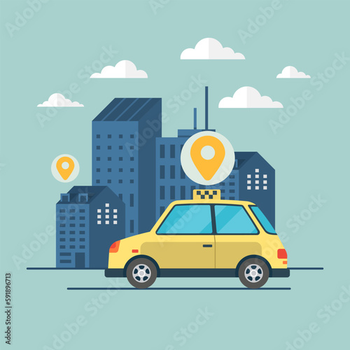 Fototapeta Naklejka Na Ścianę i Meble -  Online ordering taxi car, rent and sharing using service mobile application. Yellow car route and points location on city map and urban landscape background. Public transport, town automobile
