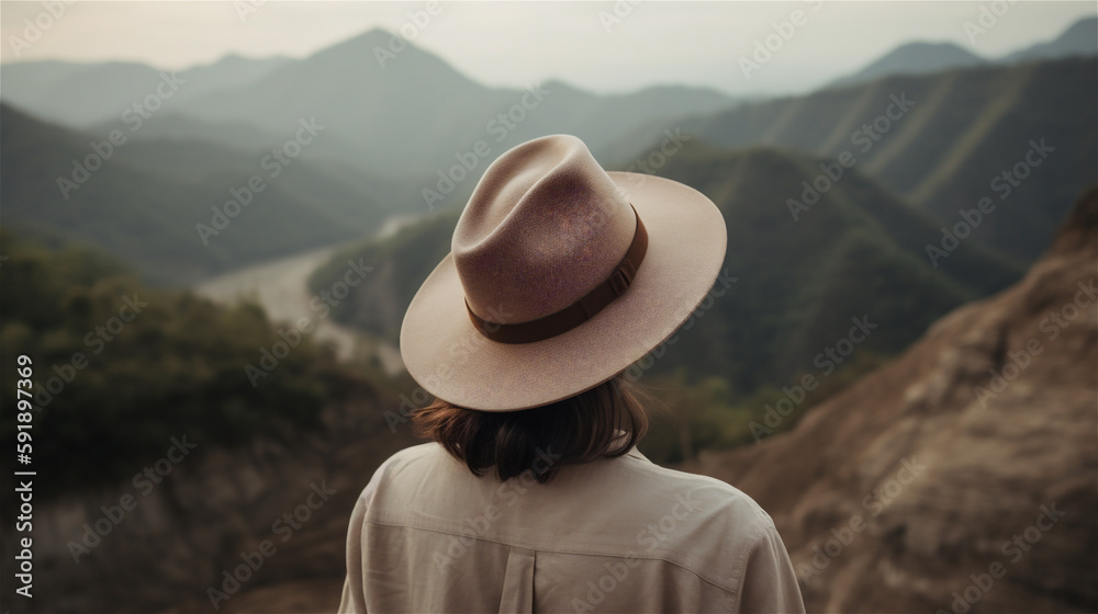 Woman travelling photo from behind wearing a beige hat, Instagram style, in mountain area, hiking, holiday, generative AI