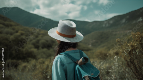 Woman travelling photo from behind wearing a blue hat and backpack, Instagram style, in mountain area, hiking, holiday, generative AI