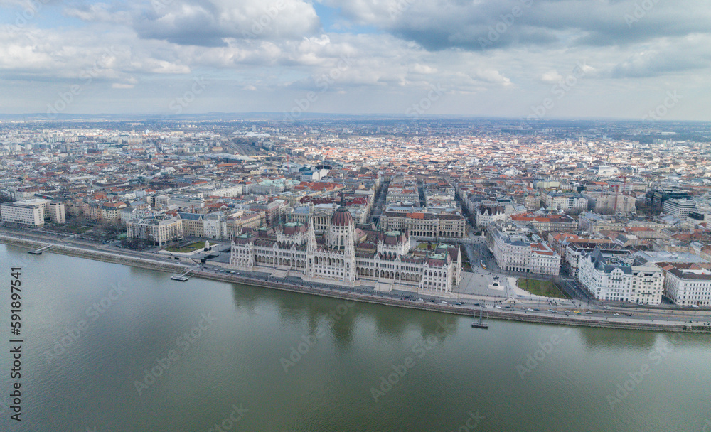 Budapest Best Aerial View of Hungarian Parliament Building and Danube River in Cityscape from a Drone Point of View