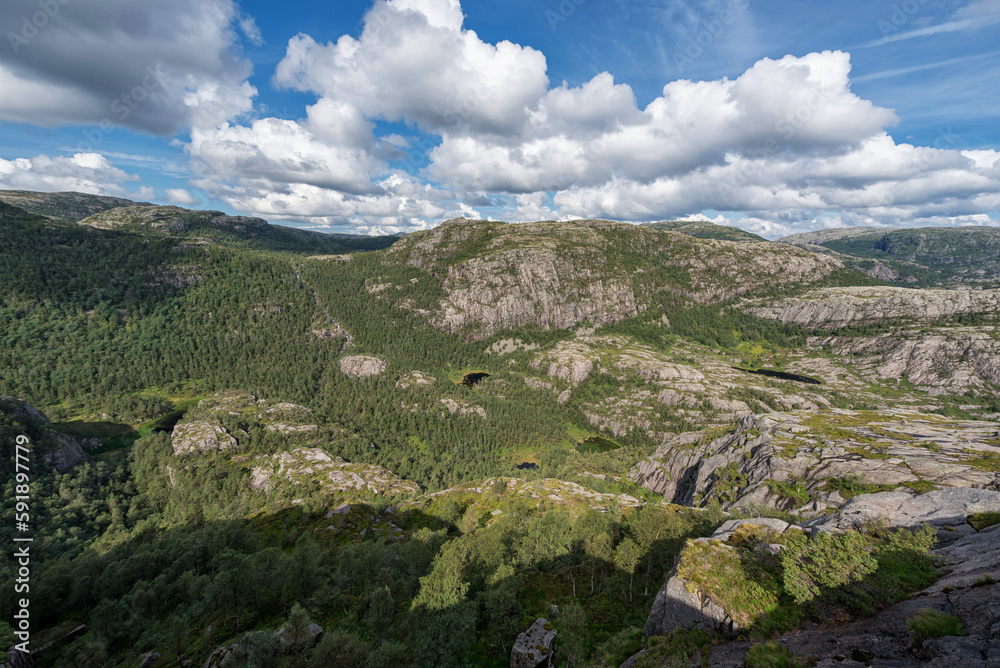 Norway Landscape. Close To Preikestolen Sightseeing Place. Mountains, Blue Sky.