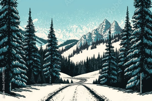 snow-covered mountain road surrounded by trees. Generative AI