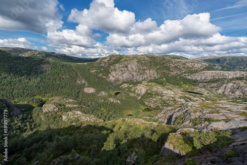 Norway Landscape. Close To Preikestolen Sightseeing Place. Mountains, Blue Sky.