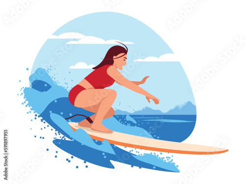 Vector illustration with a girl riding a surfboard. Cartoon scene with a girl in a swimsuit riding a surfboard on a wave isolated on a white background. Summer active recreation.