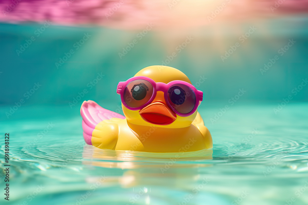 Yellow rubber duck swimming in a pool. Summer holidays concept. Generative AI - obrazy, fototapety, plakaty 
