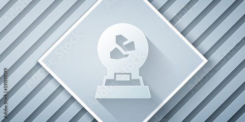 Paper cut Exhibition with various minerals, rocks and crystals icon isolated on grey background. Minerals exhibition, mineralogy, geology expo or museum. Paper art style. Vector