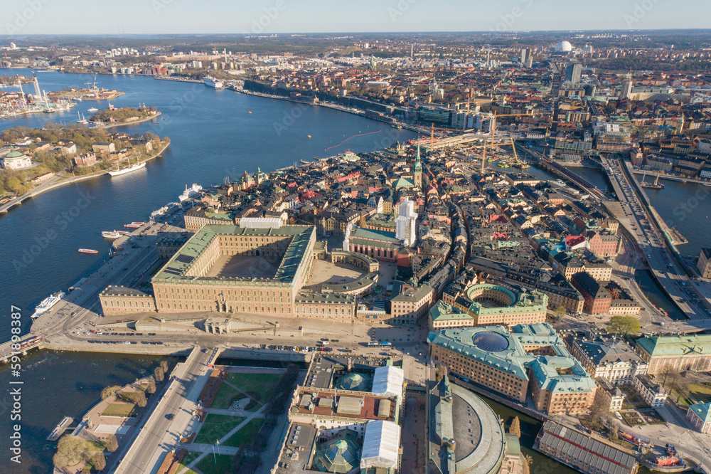 Stockholm Old Town and Royal Palace in Background. It is located in Gamla Stan Island in Stockholm, Sweden. Drone Point of View