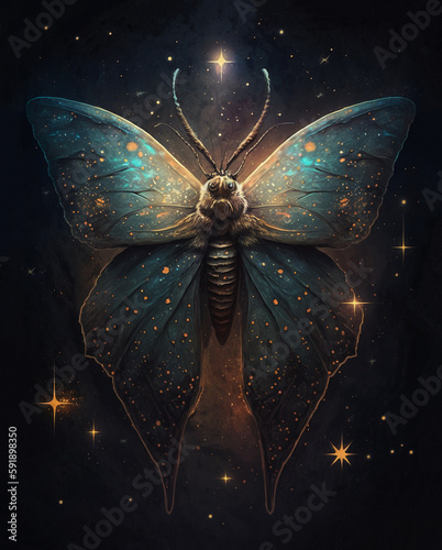 Fantasy moth and stars in midnight sky background. Mystic night butterfly with big wings as concept for Magic Day. Generative AI