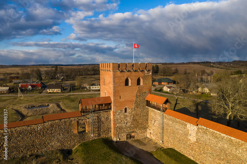 Medininkai Castle in Lithuania. medieval castle in Vilnius district, Lithuania, was built in the first half of the 14th century. The castle had 4 gates and towers. It was first mentioned in 1392