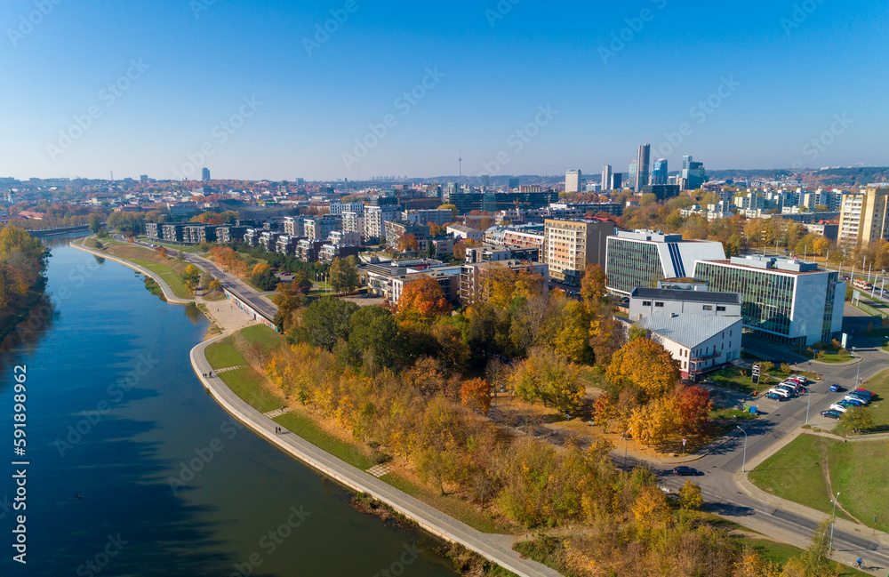 Vilnius Cityscape with Autumn Trees, River Neris in Background. Lithuania