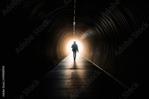 Fotografia person walking towards to the light at the end of tunnel